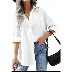 Hotouch Women Button Down Shirt Office Drop Shoulder Oversized Blouse Medium